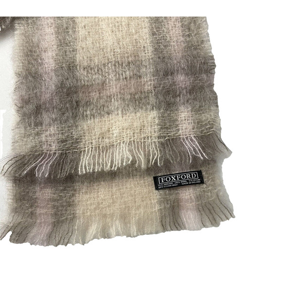 Vintage Foxford Mohair Wool Rectangle Scarf 9x58 Pink Gray Beige Plaid Ireland - Picture 4 of 7